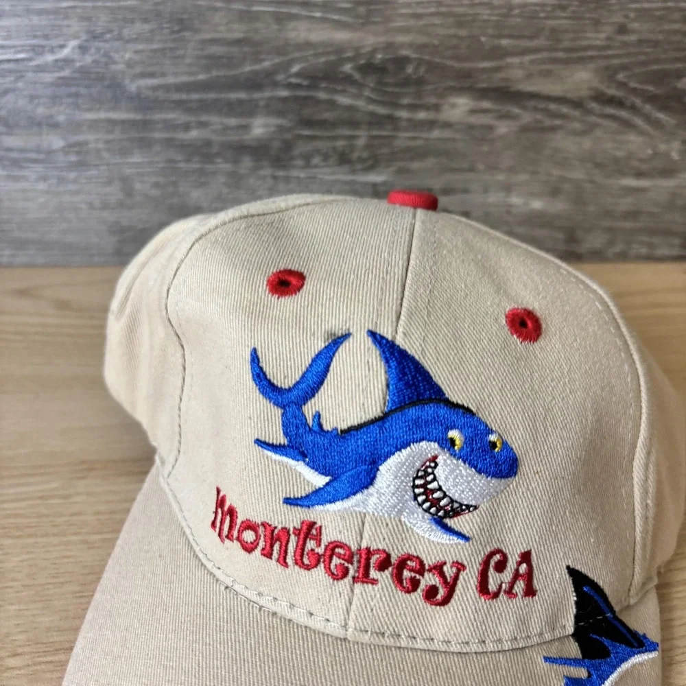Monterey CA Shark Hat Cap Strap Back Tots Beige Red Embroidered Youth Kids Gift